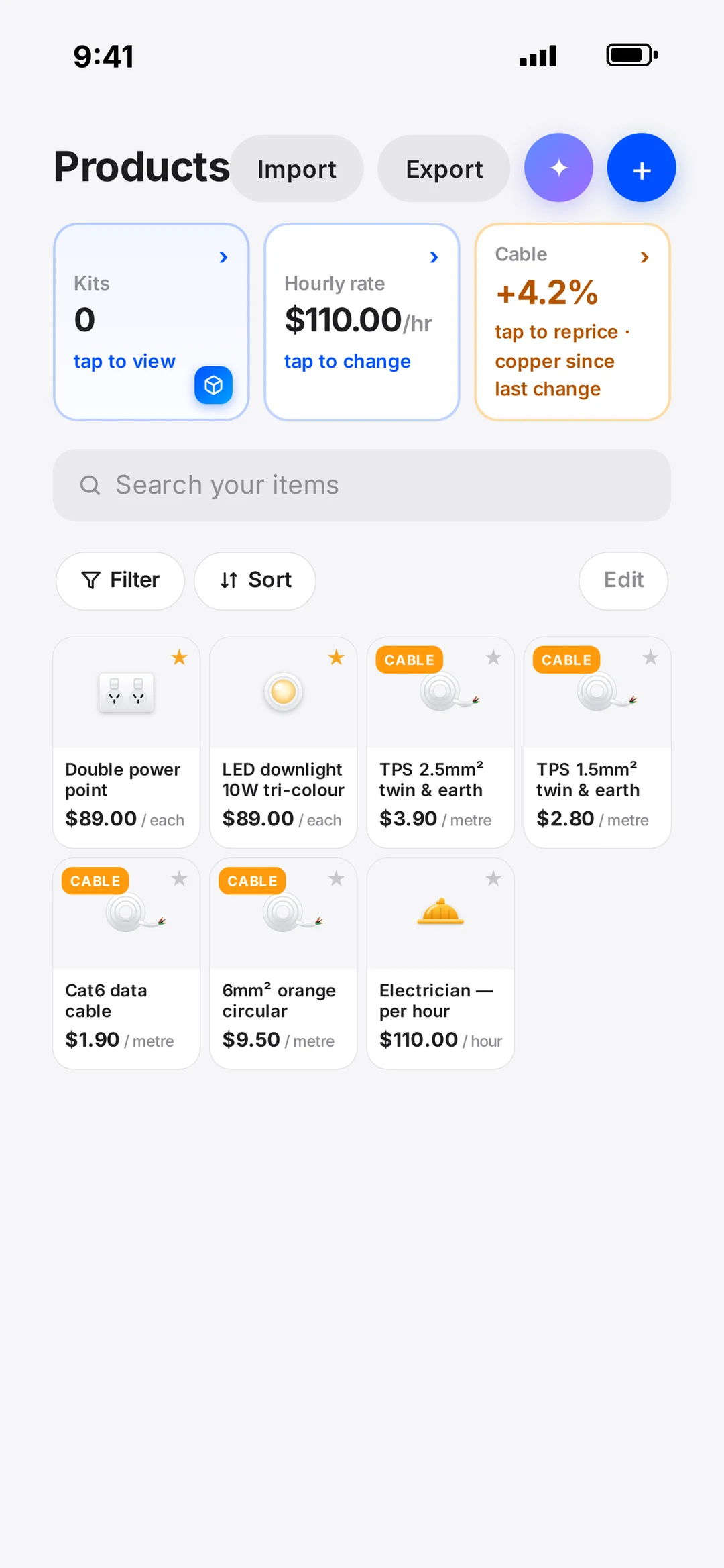 Electrical price list, loaded in the robot app